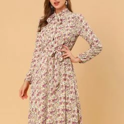 Allegra K Women's Tie Neck Chiffon Long Sleeves Vintage Floral Print Belted Dress 37 Allegra K Women's Tie Neck Chiffon Long Sleeves Vintage Floral Print Belted Dress