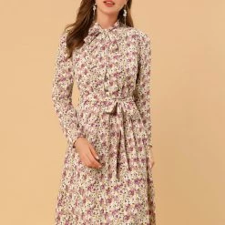 Allegra K Women's Tie Neck Chiffon Long Sleeves Vintage Floral Print Belted Dress 38 Allegra K Women's Tie Neck Chiffon Long Sleeves Vintage Floral Print Belted Dress