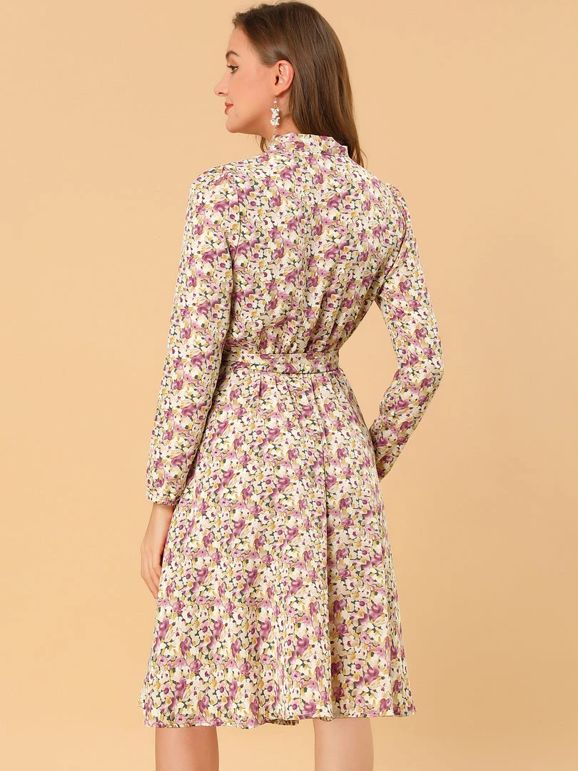 Allegra K Women's Tie Neck Chiffon Long Sleeves Vintage Floral Print Belted Dress 21 Allegra K Women's Tie Neck Chiffon Long Sleeves Vintage Floral Print Belted Dress