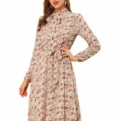 Allegra K Women's Tie Neck Chiffon Long Sleeves Vintage Floral Print Belted Dress 36 Allegra K Women's Tie Neck Chiffon Long Sleeves Vintage Floral Print Belted Dress