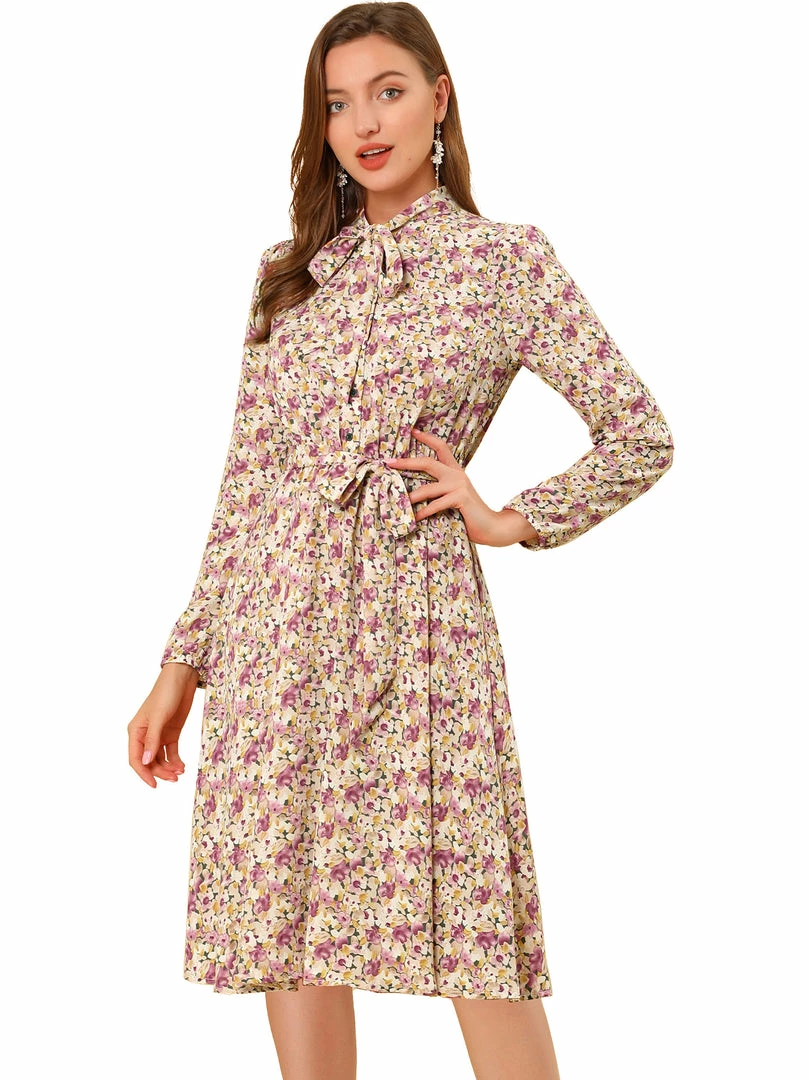 Allegra K Women's Tie Neck Chiffon Long Sleeves Vintage Floral Print Belted Dress 17 Allegra K Women's Tie Neck Chiffon Long Sleeves Vintage Floral Print Belted Dress