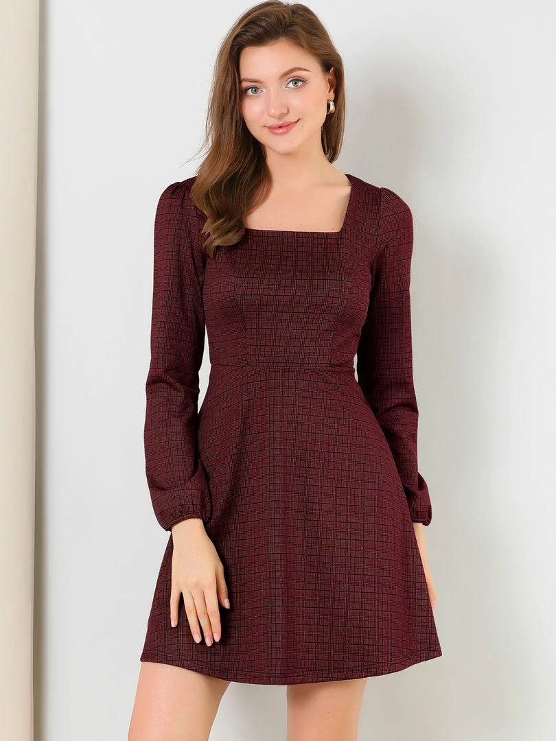 Women Allegra K Houndstooth Plaid Square Neck Long Sleeve Dress 35 Women Allegra K Houndstooth Plaid Square Neck Long Sleeve Dress