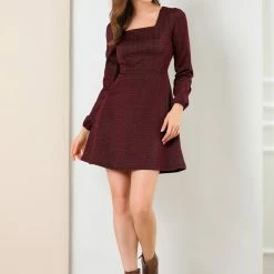 Women Allegra K Houndstooth Plaid Square Neck Long Sleeve Dress 72 Women Allegra K Houndstooth Plaid Square Neck Long Sleeve Dress