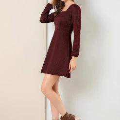 Women Allegra K Houndstooth Plaid Square Neck Long Sleeve Dress 73 Women Allegra K Houndstooth Plaid Square Neck Long Sleeve Dress