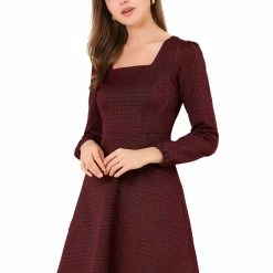 Women Allegra K Houndstooth Plaid Square Neck Long Sleeve Dress 70 Women Allegra K Houndstooth Plaid Square Neck Long Sleeve Dress