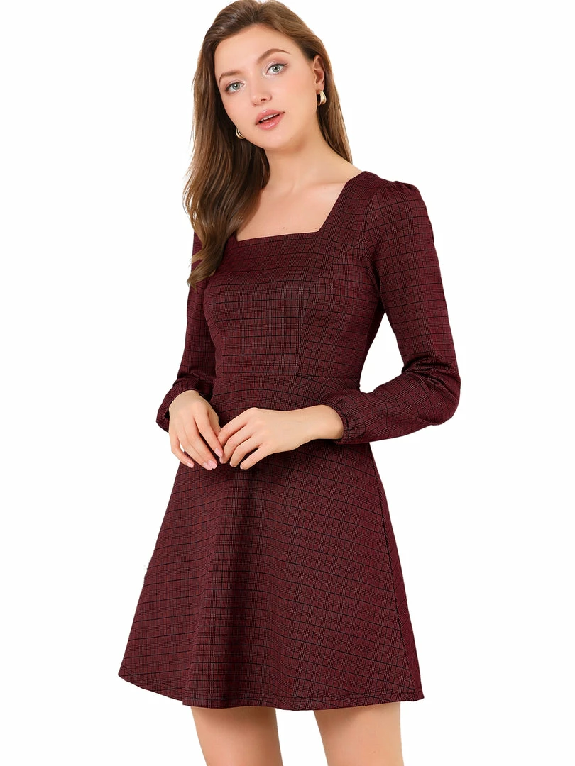 Women Allegra K Houndstooth Plaid Square Neck Long Sleeve Dress 34 Women Allegra K Houndstooth Plaid Square Neck Long Sleeve Dress