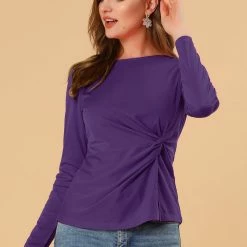 Allegra K Round Neck Front Twist Tops Long Sleeve Shirt