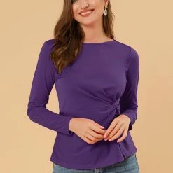 Allegra K Round Neck Front Twist Tops Long Sleeve Shirt