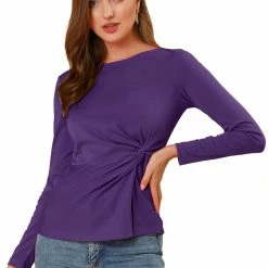 Allegra K Round Neck Front Twist Tops Long Sleeve Shirt