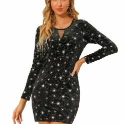 Allegra K Women's Velvet Mesh Panel Shiny Star Pencil Dress