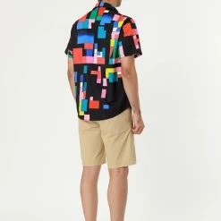 Allegra K Tops Men's Irregular Geometric Color Block Short Sleeve Button Down Shirts