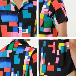 Allegra K Tops Men's Irregular Geometric Color Block Short Sleeve Button Down Shirts