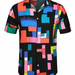 Allegra K Tops Men's Irregular Geometric Color Block Short Sleeve Button Down Shirts
