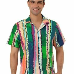 Allegra K Men's Summer Button Down Short Sleeve Vertical Colorful Striped Shirt