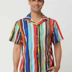 Allegra K Men's Summer Button Down Short Sleeve Vertical Colorful Striped Shirt
