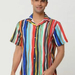 Allegra K Men's Summer Button Down Short Sleeve Vertical Colorful Striped Shirt