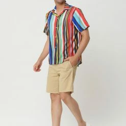 Allegra K Men's Summer Button Down Short Sleeve Vertical Colorful Striped Shirt