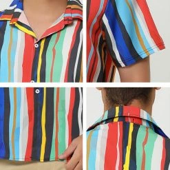 Allegra K Men's Summer Button Down Short Sleeve Vertical Colorful Striped Shirt