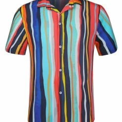 Allegra K Men's Summer Button Down Short Sleeve Vertical Colorful Striped Shirt