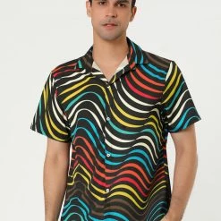 Allegra K Tops Men's Irregular Geometric Color Block Short Sleeve Button Down Shirts