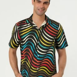 Allegra K Tops Men's Irregular Geometric Color Block Short Sleeve Button Down Shirts