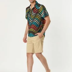 Allegra K Tops Men's Irregular Geometric Color Block Short Sleeve Button Down Shirts