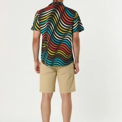 Allegra K Tops Men's Irregular Geometric Color Block Short Sleeve Button Down Shirts