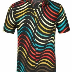 Allegra K Tops Men's Irregular Geometric Color Block Short Sleeve Button Down Shirts