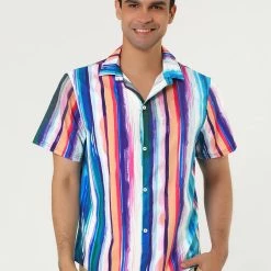 Allegra K Men's Summer Button Down Short Sleeve Vertical Colorful Striped Shirt