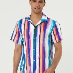 Allegra K Men's Summer Button Down Short Sleeve Vertical Colorful Striped Shirt