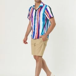 Allegra K Men's Summer Button Down Short Sleeve Vertical Colorful Striped Shirt