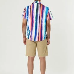 Allegra K Men's Summer Button Down Short Sleeve Vertical Colorful Striped Shirt