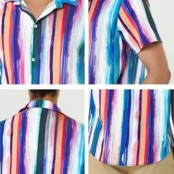 Allegra K Men's Summer Button Down Short Sleeve Vertical Colorful Striped Shirt