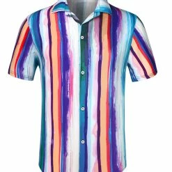 Allegra K Men's Summer Button Down Short Sleeve Vertical Colorful Striped Shirt