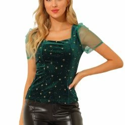 Allegra K Women's Square Neck Glitter Star Pattern Short Sleeve Velvet Top