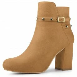 Allegra K Women's Buckle Decor Chunky Heels Ankle Boots