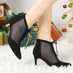 Allegra K Shoes Women's Mesh Lace Up Stiletto Heels Ankle Boots