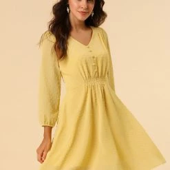 Allegra K Women's Elastic Waist Flowy Dress V Neck 3/4 Sleeve A-line Chiffon Dresses