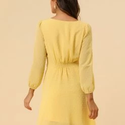 Allegra K Women's Elastic Waist Flowy Dress V Neck 3/4 Sleeve A-line Chiffon Dresses