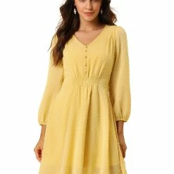Allegra K Women's Elastic Waist Flowy Dress V Neck 3/4 Sleeve A-line Chiffon Dresses