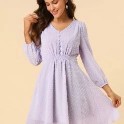 Allegra K Women's Elastic Waist Flowy Dress V Neck 3/4 Sleeve A-line Chiffon Dresses