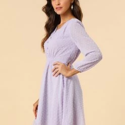 Allegra K Women's Elastic Waist Flowy Dress V Neck 3/4 Sleeve A-line Chiffon Dresses