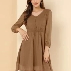 Allegra K Women's Elastic Waist Flowy Dress V Neck 3/4 Sleeve A-line Chiffon Dresses