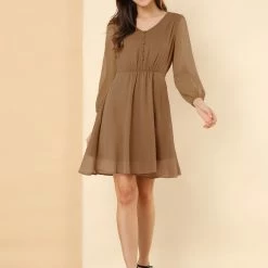 Allegra K Women's Elastic Waist Flowy Dress V Neck 3/4 Sleeve A-line Chiffon Dresses