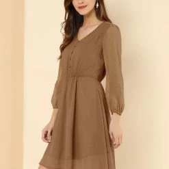 Allegra K Women's Elastic Waist Flowy Dress V Neck 3/4 Sleeve A-line Chiffon Dresses