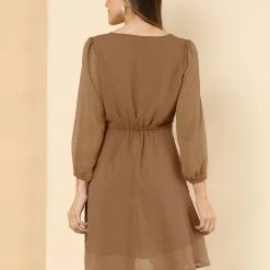 Allegra K Women's Elastic Waist Flowy Dress V Neck 3/4 Sleeve A-line Chiffon Dresses