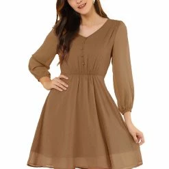 Allegra K Women's Elastic Waist Flowy Dress V Neck 3/4 Sleeve A-line Chiffon Dresses