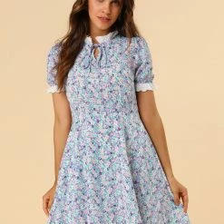 Allegra K Women's Floral Ruffled Collar Casual Short Sleeve Dress