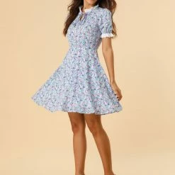 Allegra K Women's Floral Ruffled Collar Casual Short Sleeve Dress