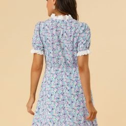 Allegra K Women's Floral Ruffled Collar Casual Short Sleeve Dress